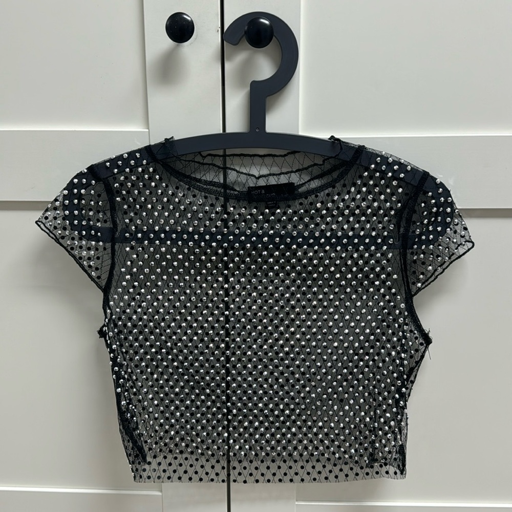 Crop sheer black glitter crop top